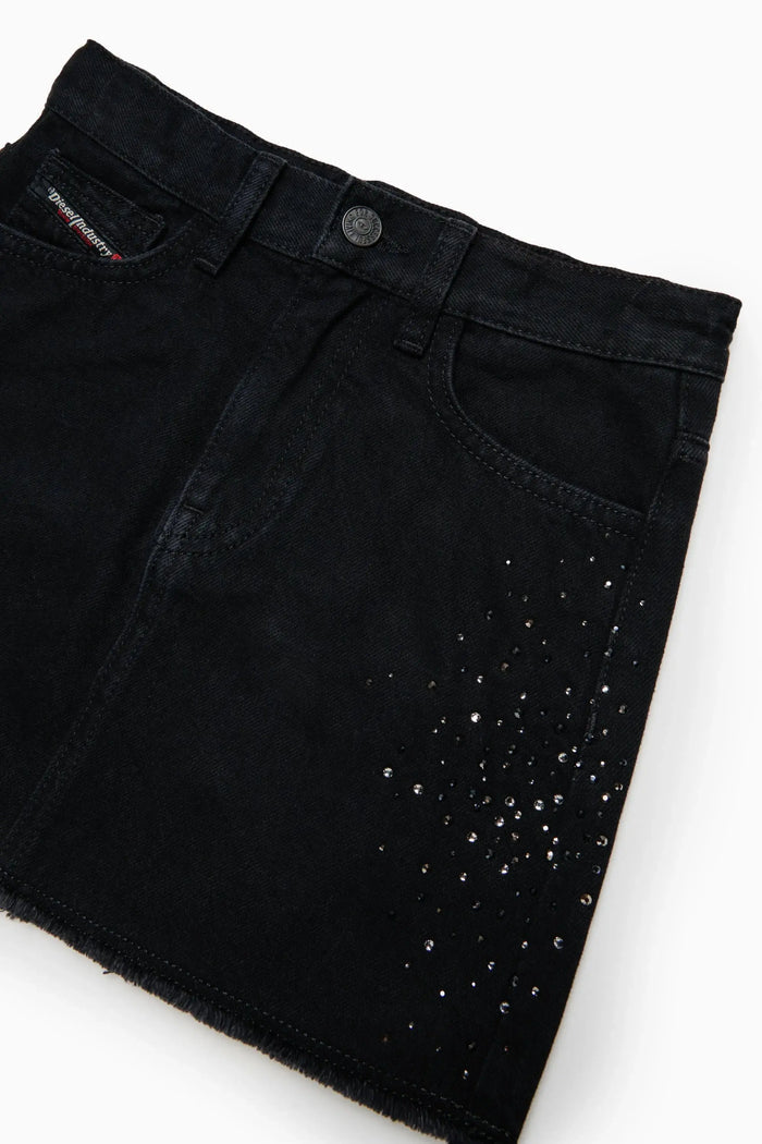 Frayed denim mini skirt with rhinestones