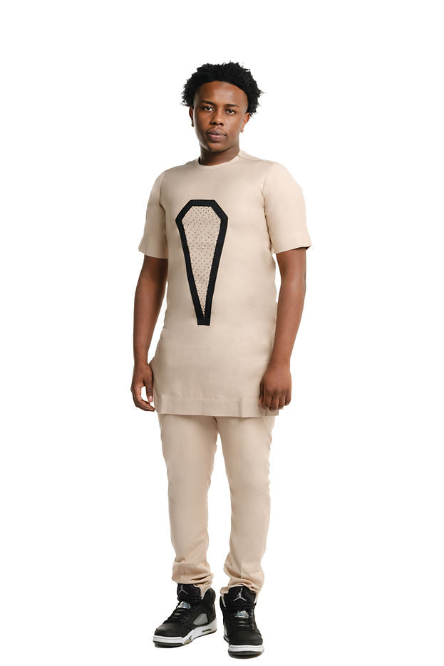 Gath Men's Dashiki Co-ord Set in Beige, with Beaded Design