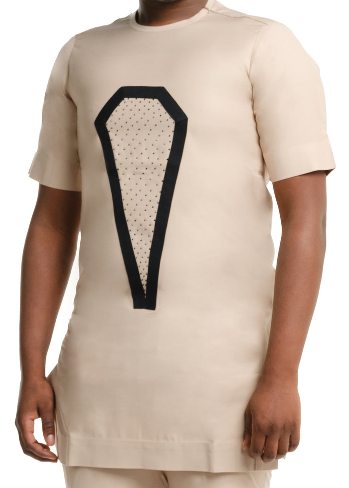Gath Men's Dashiki Co-ord Set in Beige, with Beaded Design