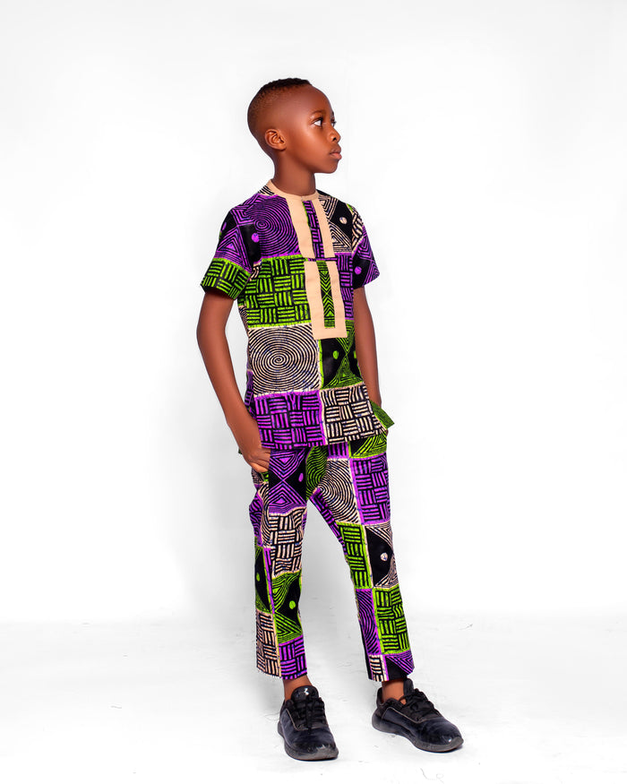 Geeuch Boys African Co-ord set, (in Geometric Pattern, purple, beige)