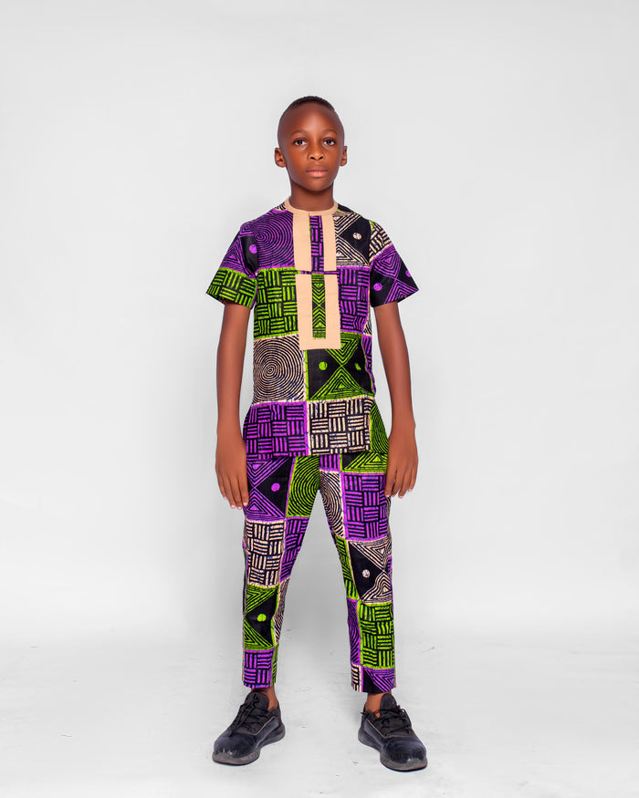 Geeuch Boys African Co-ord set, (in Geometric Pattern, purple, beige)