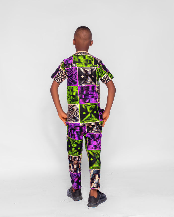 Geeuch Boys African Co-ord set, (in Geometric Pattern, purple, beige)