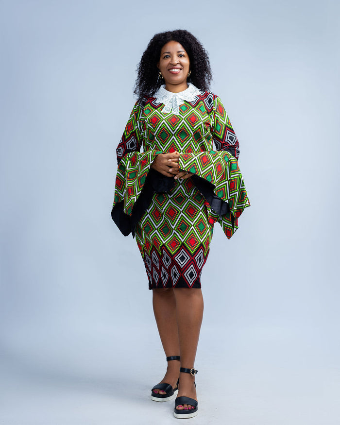 Gelica Women's African Print Dress with White Collar, Long Sleeves