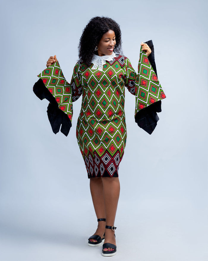 Gelica Women's African Print Dress with White Collar, Long Sleeves