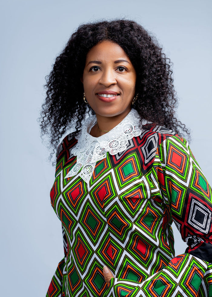 Gelica Women's African Print Dress with White Collar, Long Sleeves