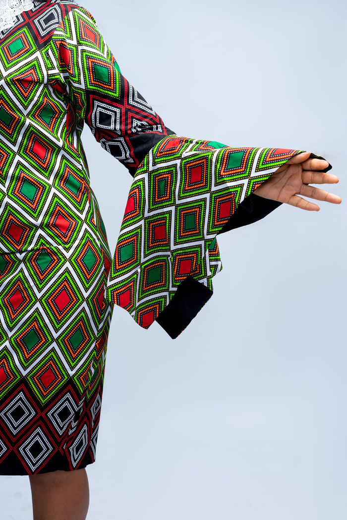 Gelica Women's African Print Dress with White Collar, Long Sleeves