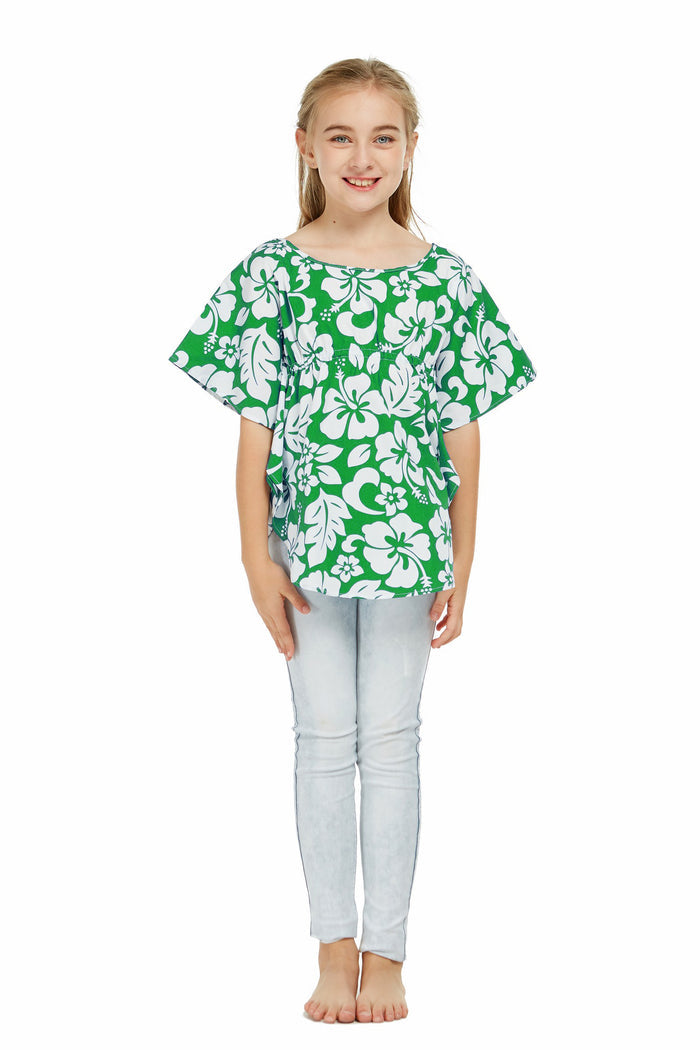 Girl Elastic Strap Poncho Top in Vintage Hibiscus Green