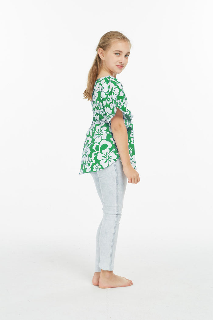 Girl Elastic Strap Poncho Top in Vintage Hibiscus Green