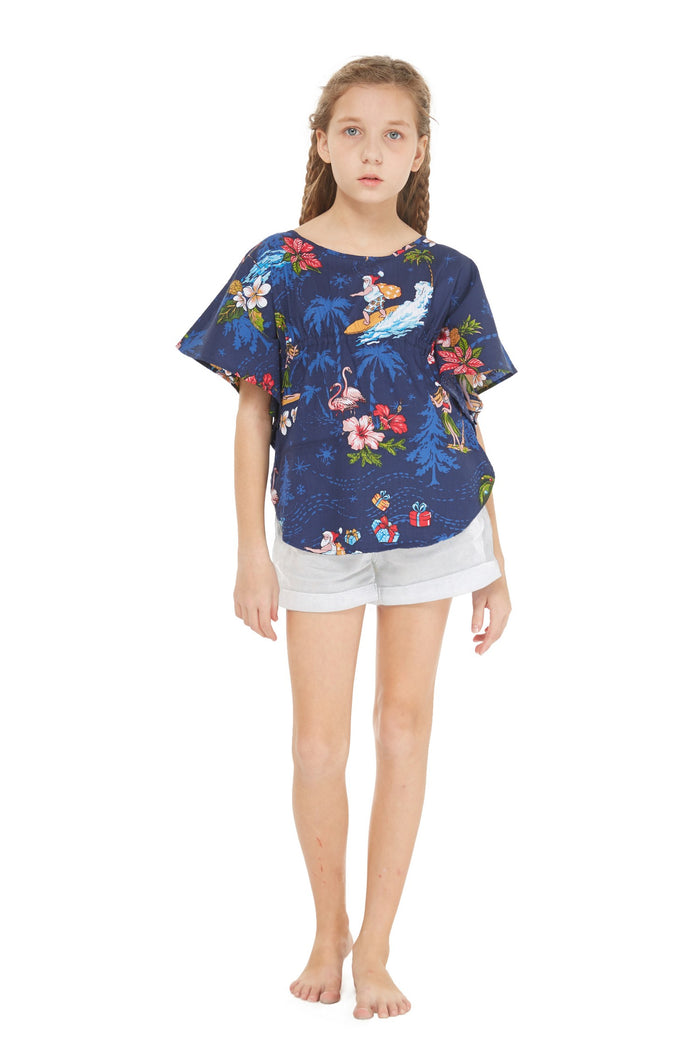 Girl Poncho Top in Christmas Santa Navy