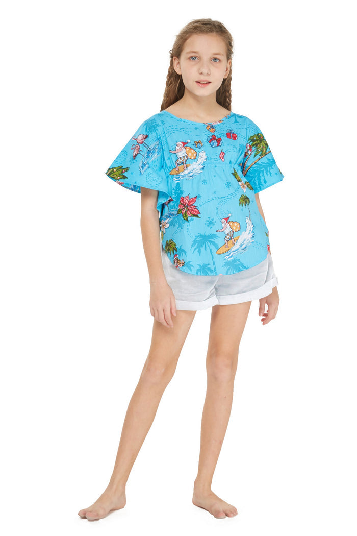 Girl Poncho Top in Christmas Santa Turquoise