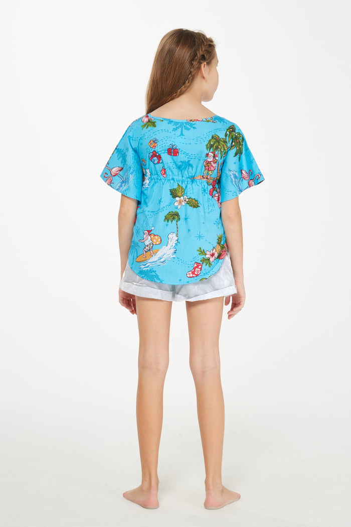 Girl Poncho Top in Christmas Santa Turquoise