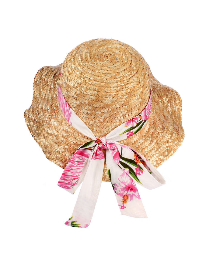 Girl Straw Beach Ruffle Edge Sun Hat in Pink Vine Hibiscus White