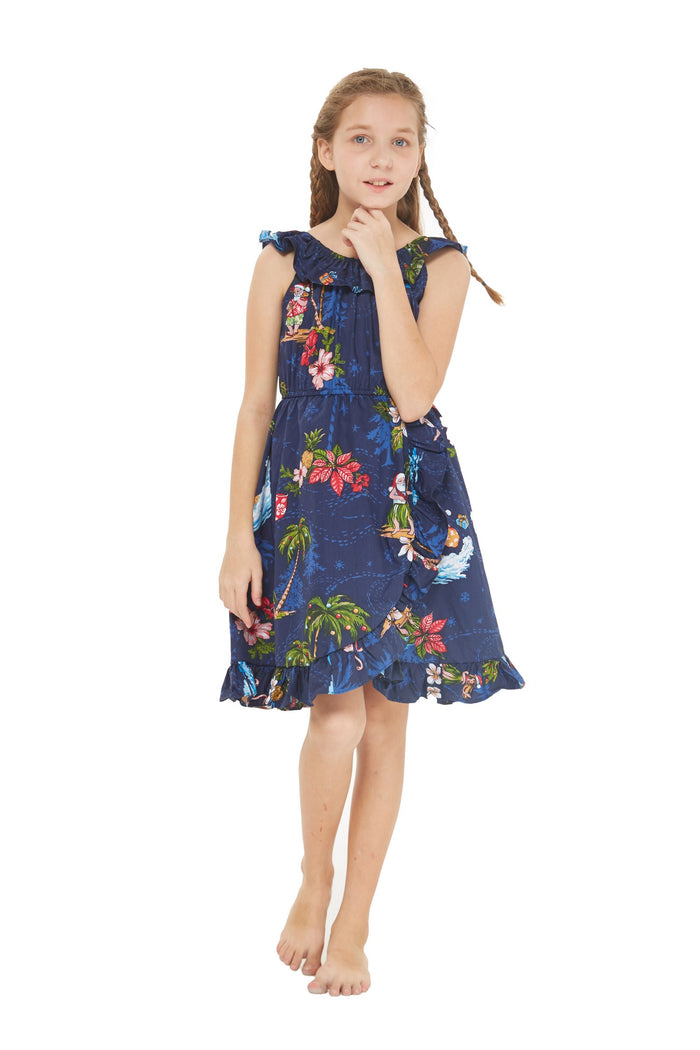 Girl Wrap Ruffle Dress in Christmas Santa Navy