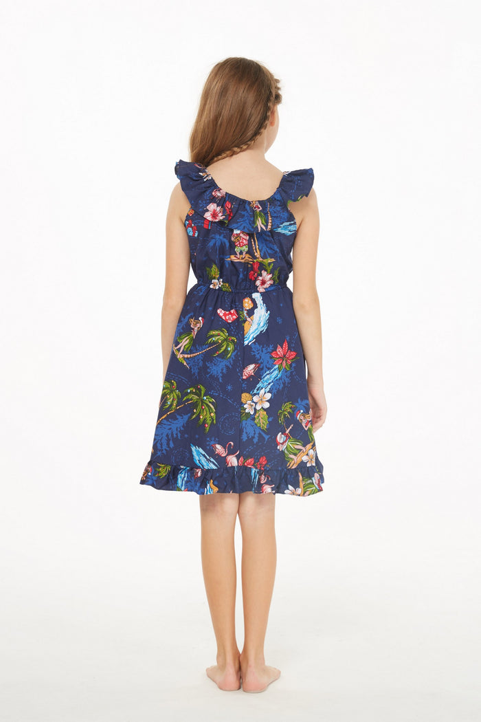 Girl Wrap Ruffle Dress in Christmas Santa Navy