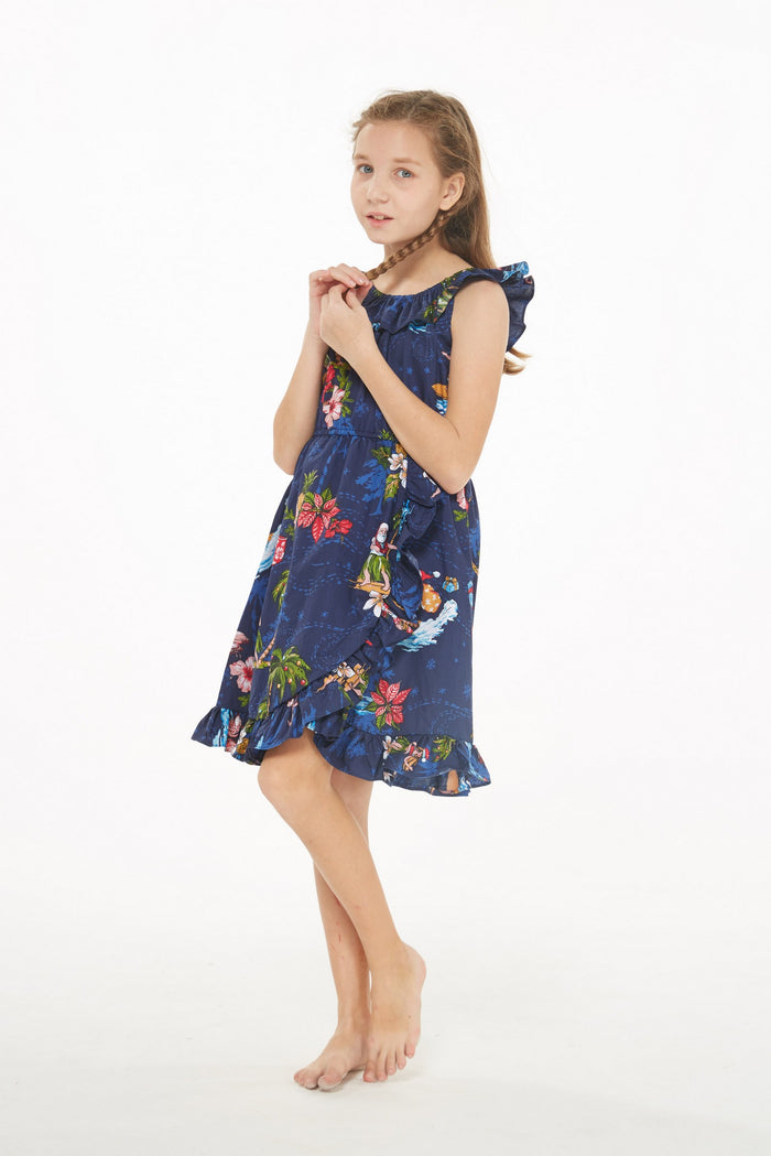 Girl Wrap Ruffle Dress in Christmas Santa Navy