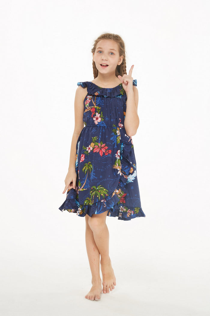 Girl Wrap Ruffle Dress in Christmas Santa Navy