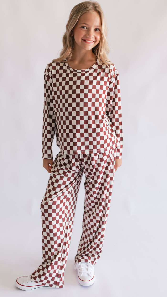 Girl's Long Sleeve and Pants Set in Cream + Brown Checkered