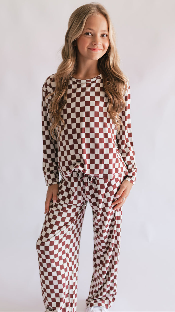 Girl's Long Sleeve and Pants Set in Cream + Brown Checkered