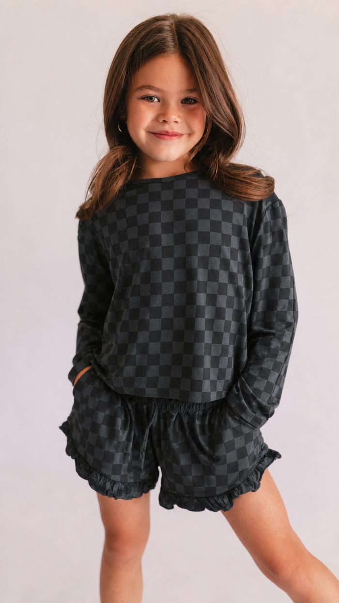 Girl's Long Sleeve and Ruffle Shorts Set in Grey + Black Checkered