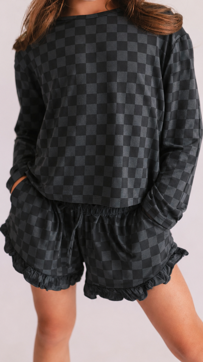 Girl's Long Sleeve and Ruffle Shorts Set in Grey + Black Checkered