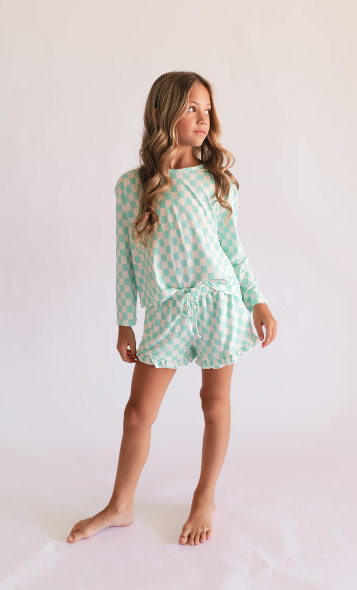Girl's Long Sleeve and Ruffle Shorts Set in Teal Neon Checkered