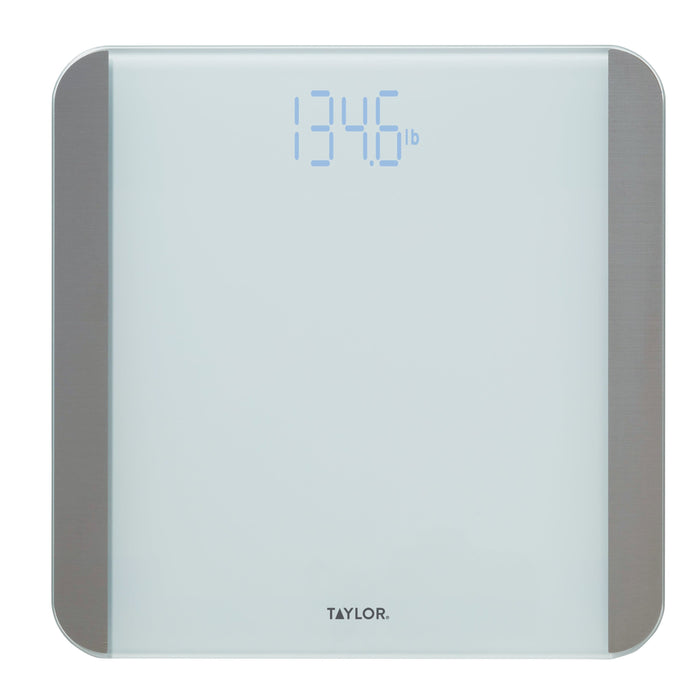 White glass digital bathroom scale with rounded chrome edges and a digital readout