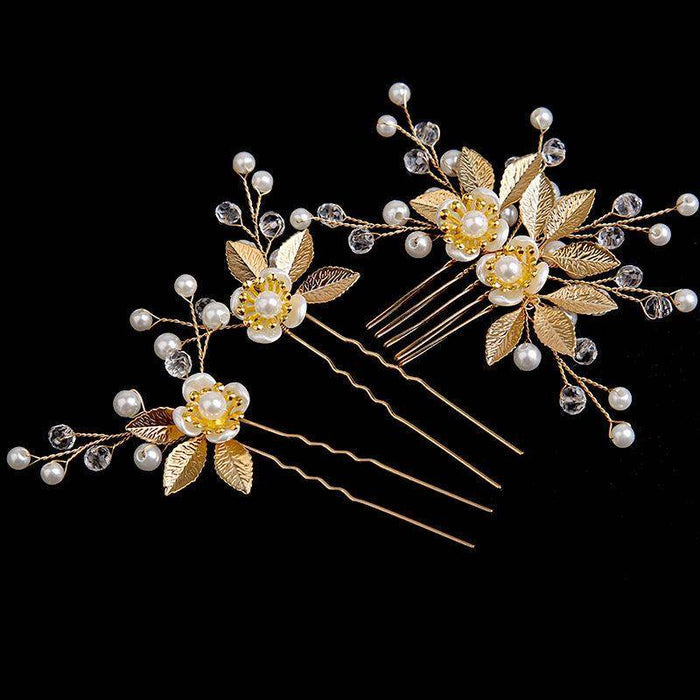 Gold Leaf Hair Comb Handmade Bride Crown Headpiece Flower comb set 690525637756 - COCOMELODY