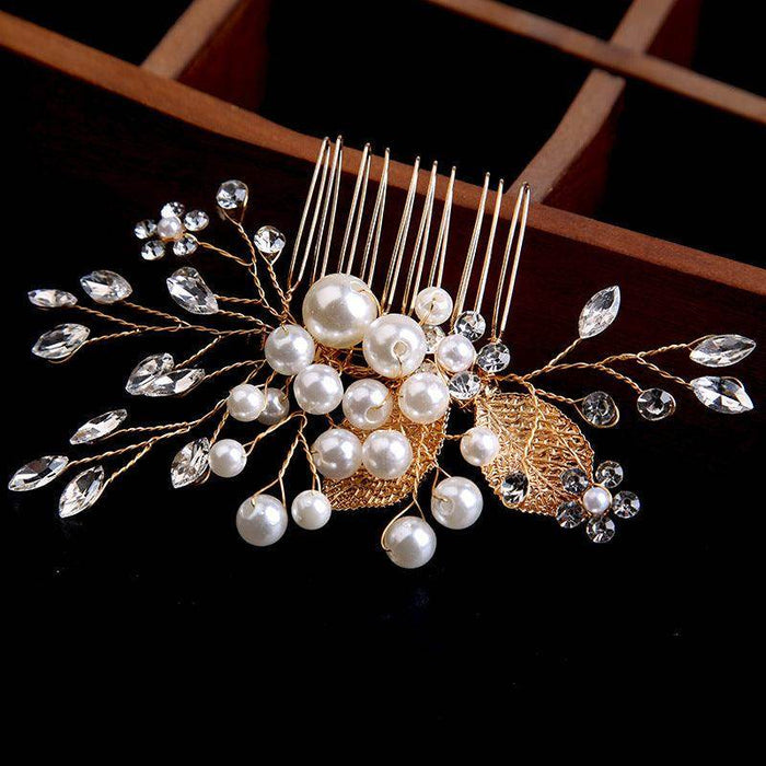 Gold leaf updo hair comb ornaments handmade rhinestone headdress bridal accessories 698964279630 - COCOMELODY