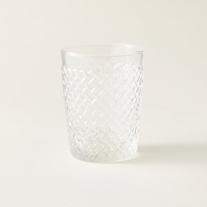 New Alt Text: Gracen tumbler with an artisanal, woven texture and a sculptural shape.