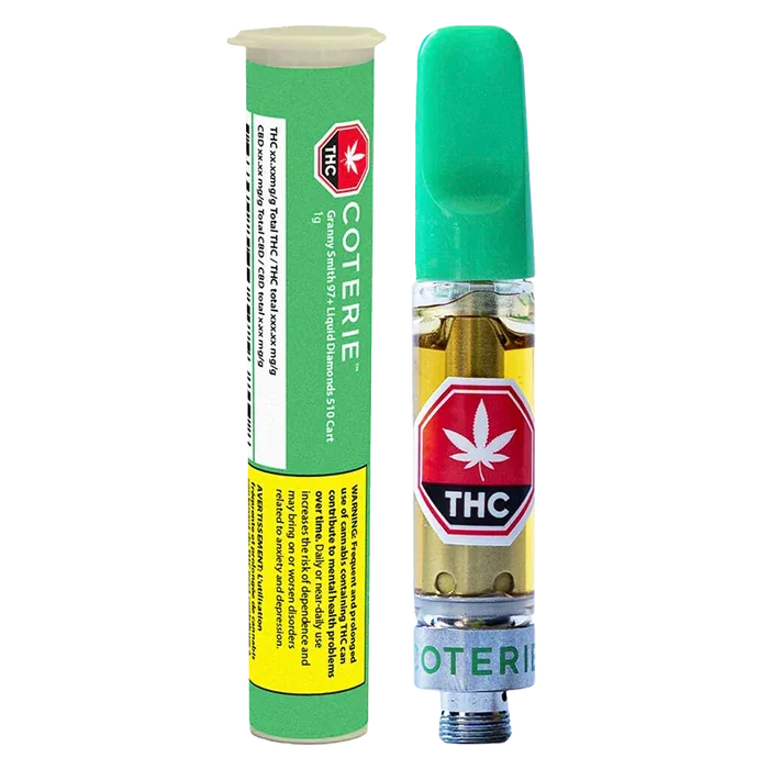 Close-up, front-on view of a Granny Smith Vape Cartridge showing a green mouthpiece and clear cartridge with golden oil and a red THC label beside matching green cylindrical packaging.