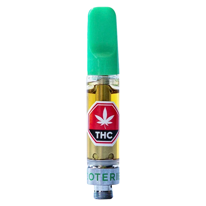 Straight-on view of a Granny Smith Vape Cartridge with a green mouthpiece and clear tank showing golden oil and a red THC label.