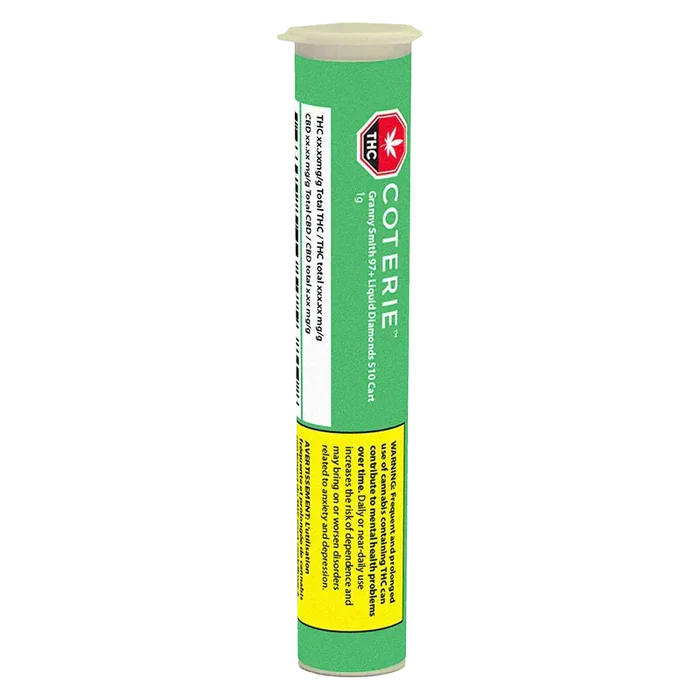 Tall vertical tube packaging of the Granny Smith Vape Cartridge shown front-on with green label, THC emblem, and a yellow warning panel.