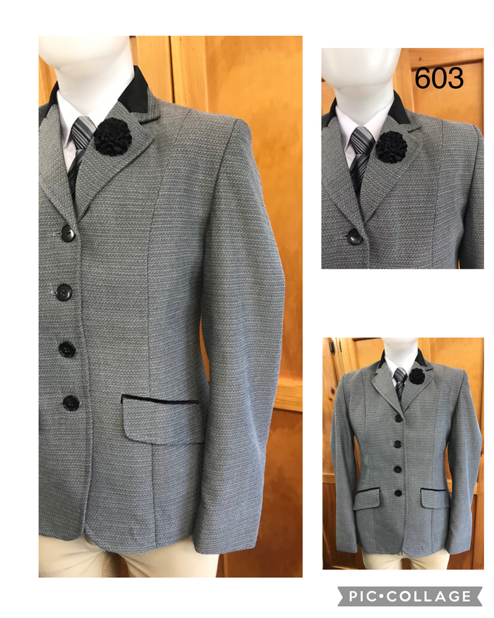 Grey (Light) & Faint Black Patterned Check Adults Show Hunter Jacket (603) With Black Velvet Trims