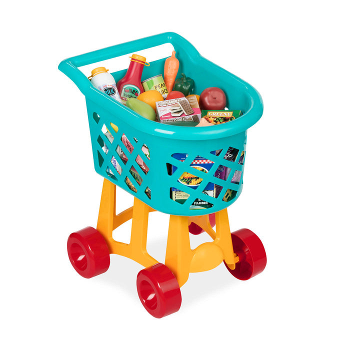 A blue, yellow, and red toy shopping cart complete with play food.