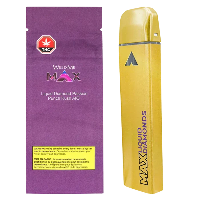 Right-side angled view of a gold Guava Passion Fruit Liquid Diamond Disposable Vape standing next to its purple Weed Me Max packaging.