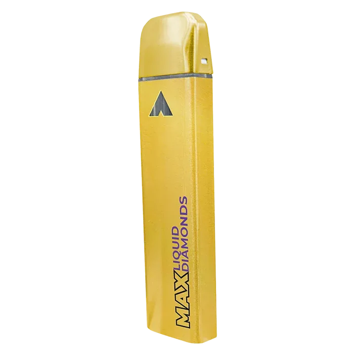 Angled front view of a glossy yellow Guava Passion Fruit Liquid Diamond Disposable Vape standing upright with "MAX Liquid Diamonds" branding visible.