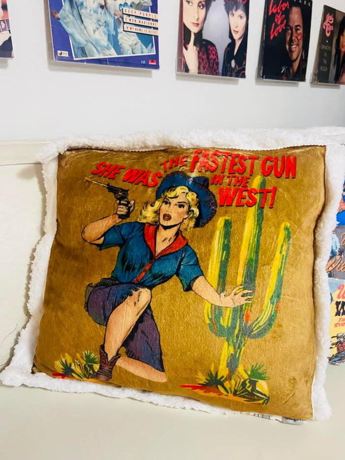 Gunslinger Western Cowgirl Sherpa Throw Pillow - Deer Creek Mercantile