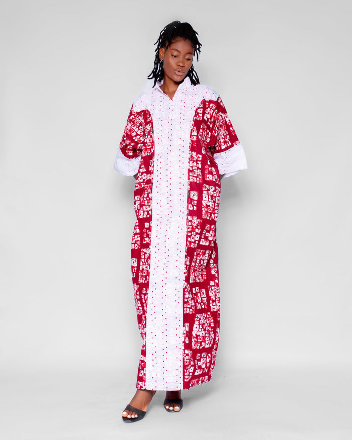 Gwen Women's Maxi African Boubou Dress with White lace, (Wine, White Ankara)
