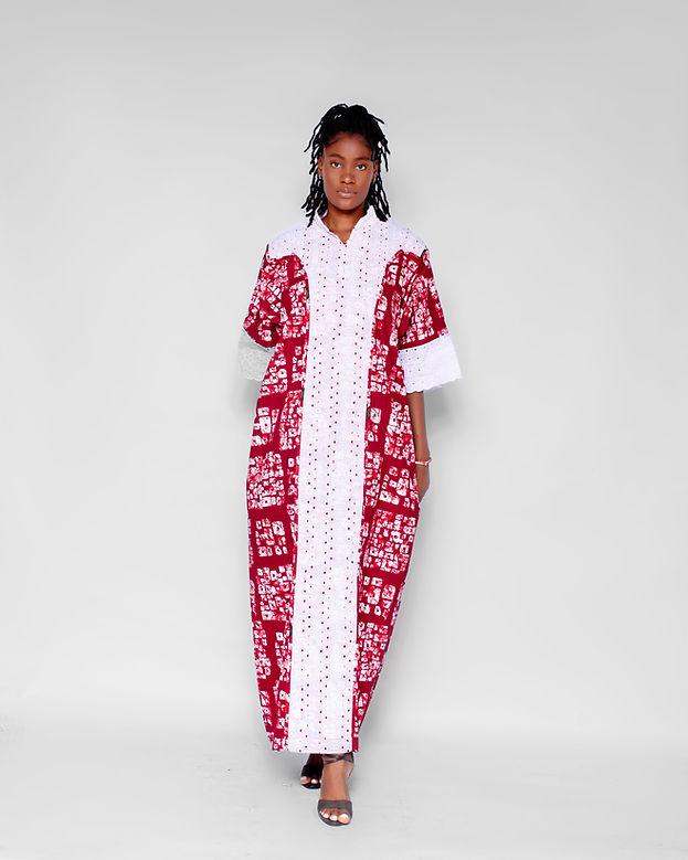 Gwen Women's Maxi African Boubou Dress with White lace, (Wine, White Ankara)