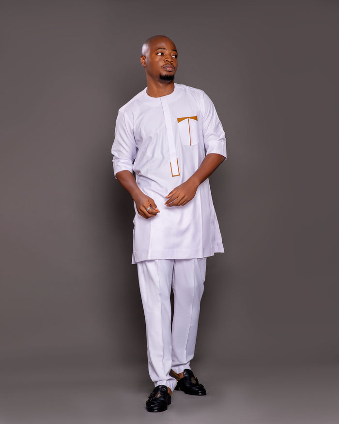 Hakim Men's Dashiki Co-Ord Set (White with Gold accents)