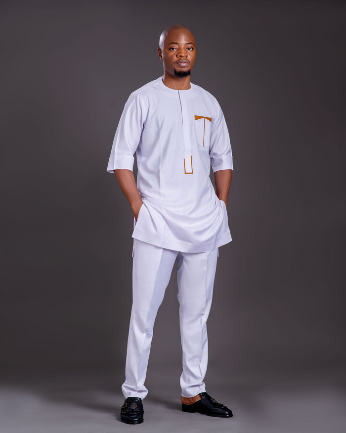 Hakim Men's Dashiki Co-Ord Set (White with Gold accents)