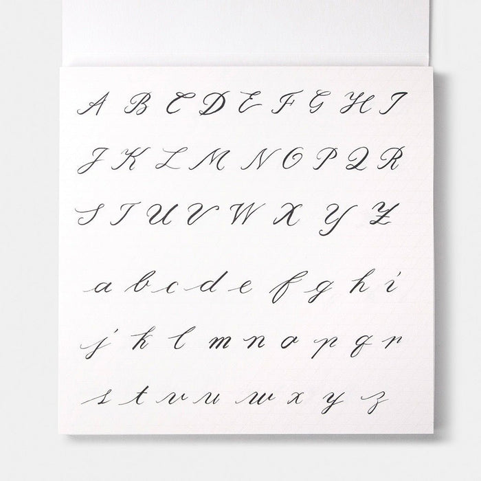 A square white book page showing a cursive alphabet in black ink, with uppercase letters across the top rows and lowercase letters across the bottom rows, photographed against a light neutral background.
