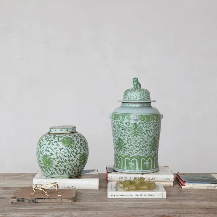 Hand-Painted Stoneware Ginger Jar with Foo Dog Lid