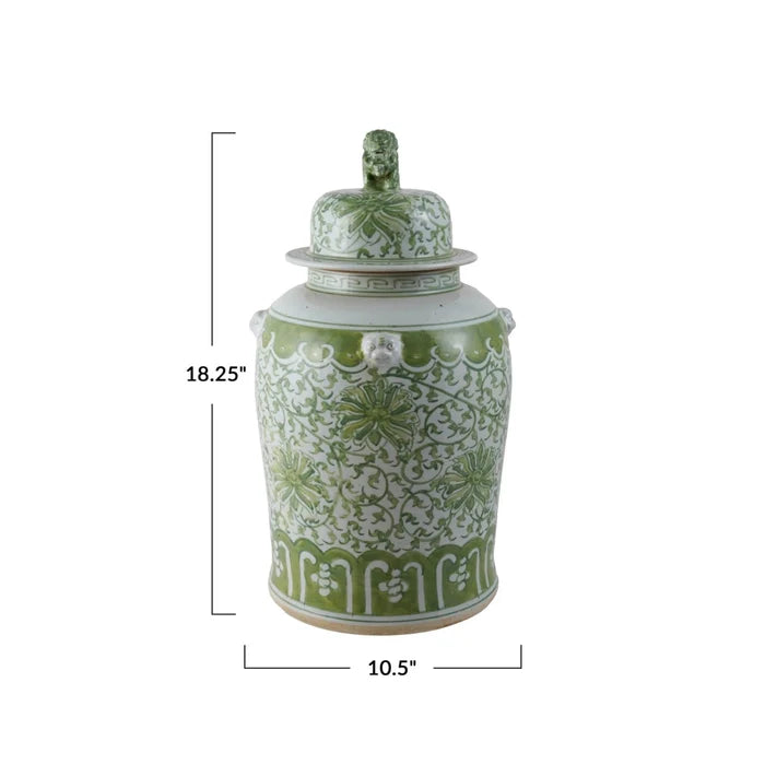 Hand-Painted Stoneware Ginger Jar with Foo Dog Lid