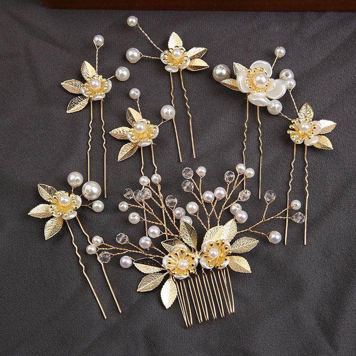 Handcrafted pearl set with Gold leaf hair comb 725487239358 - COCOMELODY