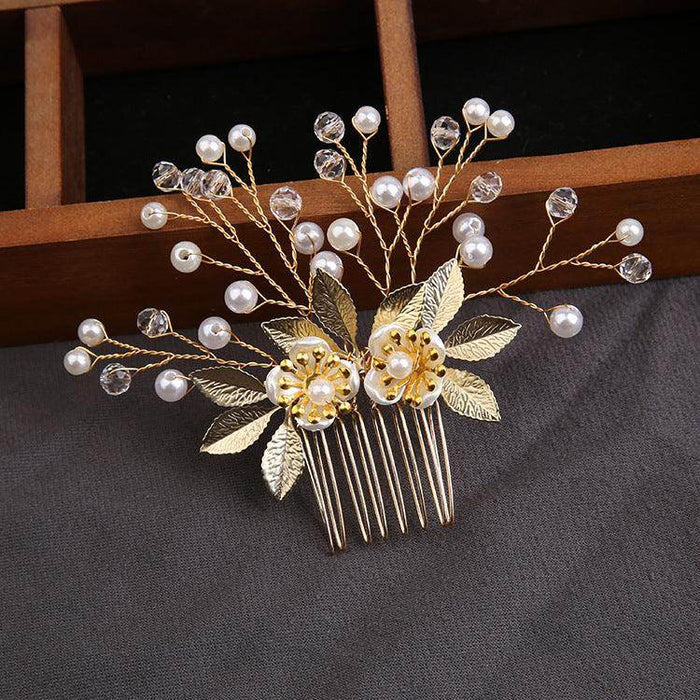 Handcrafted pearl set with Gold leaf hair comb 725487239358 - COCOMELODY