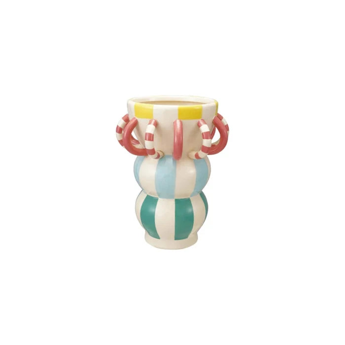 Hand‑Painted Stoneware Vase with Stripes