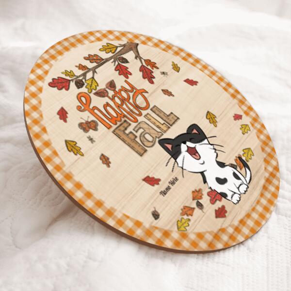Happy Fall - Fallen Maple Leaves - Personalized Cat Autumn Door Sign