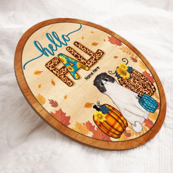 Hello Fall - Leopard Print - Personalized Cat Autumn Door Sign