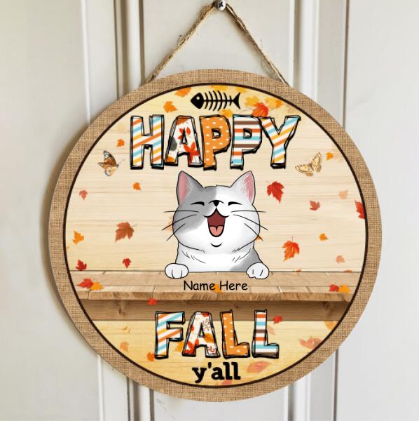 Hello Fall Y'all - Personalized Cat Autumn Season Door Sign
